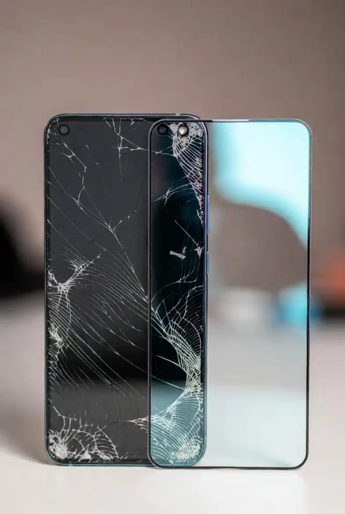 Two modern smartphones with severely cracked screens standing upright on a surface.